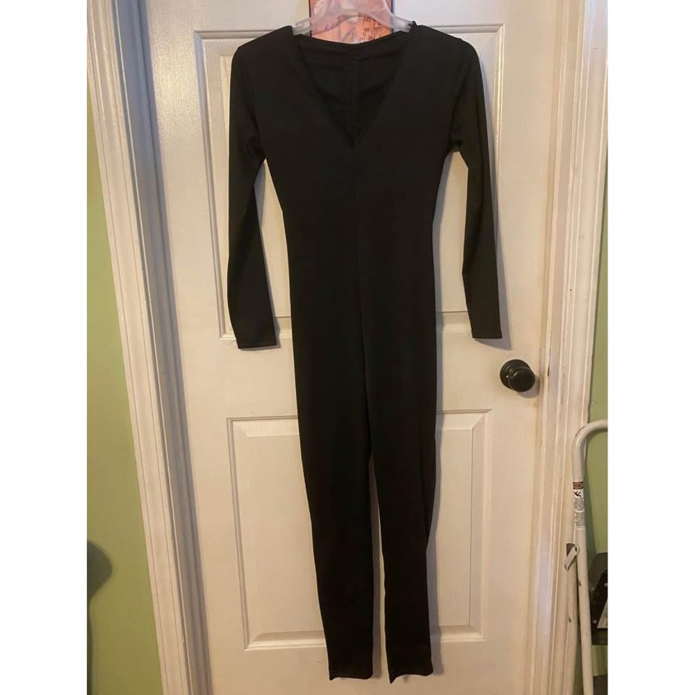 Black Long Sleeve sz s/m  Jumpsuit Open Back Ruched adjustable Bodycon